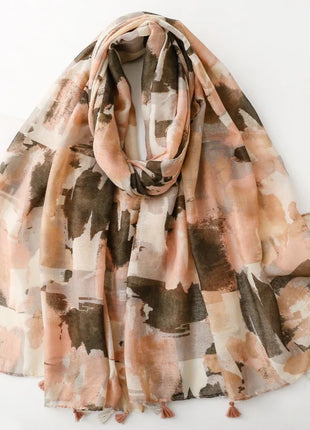 1Pc spring and autumn retro oil painting style ink smudge camouflage printing spring and summer wear scarf literary tassel shawl
