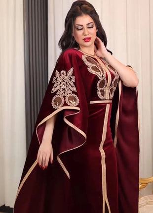 Ramadan Luxury Muslim Fashion Bat Sleeve Moroccan Turkiye Dubai Dress Middle East Arab Dress Sequins Golden Velvet Long Dress