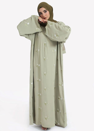 Stylish Muslim Islamic Abaya for Women Light Green Floral Embroidery Delicate Cuffs Ideal for UAE Saudi Arabia Qatar
