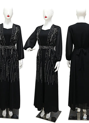 Women Long Loose Maxi Dress Muslim Dubai Women's Clothing Hot Diamond Belt Robe Dinner Dress