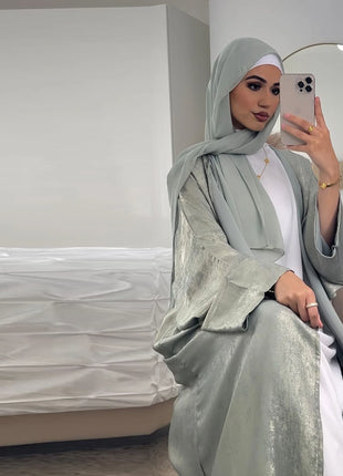Shiny Satin Open Kimono Abaya 2025 Ramadan Dubai Luxury Muslim Kaftan Dress for Women Islam Clothing Robe Femme Musulmane