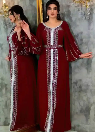 Abaya Muslim Women Party Dresses Chiffon Sequins Jalabiya Ramadan Eid Morocco Islam Sashes Vestidos Arab Long Robe Dubai Kaftan