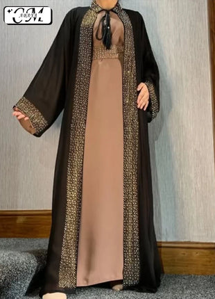 Hot Selling Ramadan Rhinestone Cardigan Islamic Dresses With Pockets Kebaya Muslim Kimono Abaya Dubai Modest Clothing Women EID