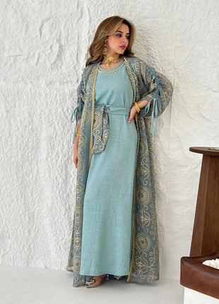 Eid Muslim Abayas for Women Party 2 Piece Set Embroidery Cardigan Robe Lace Up Dress Morocco Kaftan Islam Ramadan Dubai Vestidos