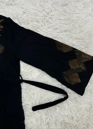 Muslim Chiffon Abayas For Women 2024 Dubai Islam Loose Fit  Femme Robe Long Sleeved Diamond Studded Solid Color With Belt Turban