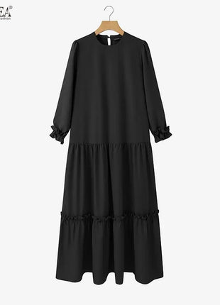 ZANZEA Women 2026 Spring O Neck Long Sleeve Dresses Elegant Muslim Abaya Dress Ramadan Robe Stylish Flounce Maxi Dresses Kaftan