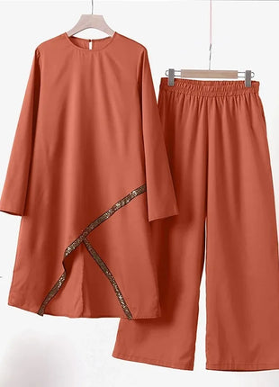 Women Eid Musulman Ensemble Muslim Sets Solid Blouses Wide Leg Pants Ramadan Morocco Two Pieces Dubai Kaftan Loose Modest