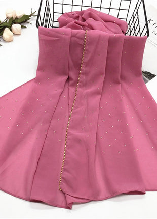 High Quality Rhinestone Chain Pearl Chiffon Long Scarf Hijabs Elegant Dubai Muslim Womens Party Wrapped Turban Shawls Headwear