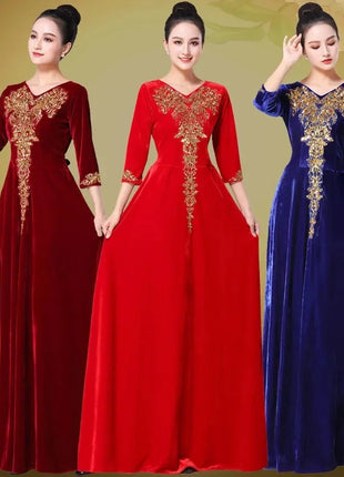 Ladies Golden Velvet Choral Performance Costumes Women Performance Costume Long Dresses Autumn Female Large Size 6XL Maxi Dress
