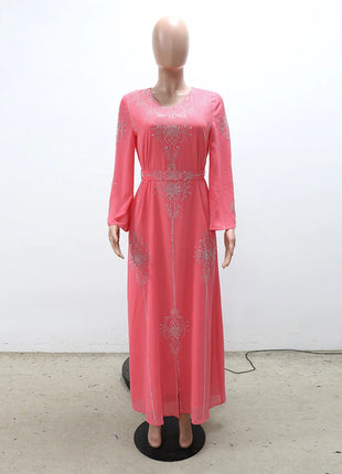 Women's Long Sleeve Polyester Abaya — Diamond Detail V-Neck Dress