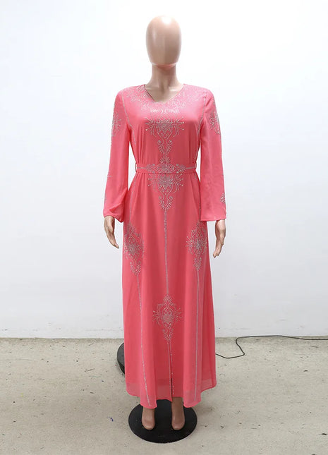 Polyester Muslim Abaya for Women Summer Elegant Orange Blue Pink Green Muslim Women Long Sleeve V-neck Polyester Long Abaya