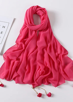 Fashion Flowers Pearl Tassel Chiffon Long Scarf Hijabs Elegant Womens Party Turban Headwear Solid Color Headscarf Shawls Scarves