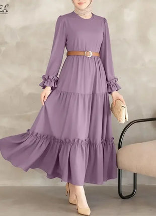 ZANZEA Women 2026 Spring O Neck Long Sleeve Dresses Elegant Muslim Abaya Dress Ramadan Robe Stylish Flounce Maxi Dresses Kaftan