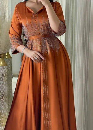 Muslim Satin Dress for Women Fashion Diamond Evening Dress Abaya Dubai Dinner Robe Muslim Dress Women Clothes for Muslim Women