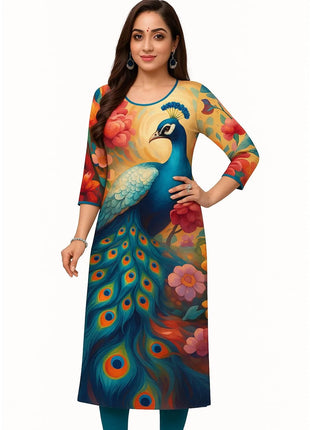 Muslim 2026 Women's Kurt Fashionable And Elegant Straight Tube Casual Kurtta Peacock Pattern Comfortable Dress Slit hem Abaya
