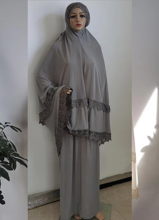 Ramadan  Long Khimar Muslim Abaya Women Prayer Garment Saudi Prayer Dress Lace Trim Silky 2 Piece Skirt Sets Eid Niqab jilbab
