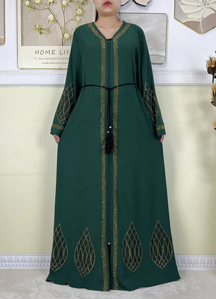 New Dubai Women Elegant Dress Diamonds Chiffon Open Abaya with Zipper Islamic Turkey Clothing Women Muslim Party Evening Dress
