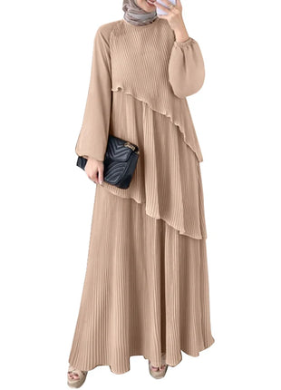 ZANZEA Patchwork Lantern Sleeve Abaya Robes Women Plisse Layered Elegant Maxi Dress Muslim Fashion Islamic Hijab Pleated Dress