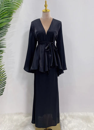 Ramadan Satin Abaya Dubai Turkey Islam Muslim Modest Dress Sets Prayer Clothes For Women Kaftan Robe Femme Musulmane