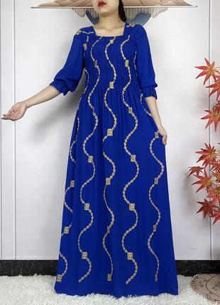 New African Abaya Women Elegant Dress Collect Waist Straight Cotton Embroider Dress Loose Caftan Femme Clothing Islamic Dresses