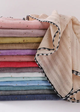 New Designs Cotton Linen hajib Scarf Stripe Islamic Ladies Head Scarf Headwear Lace Malaysian Women's Scarves Ramadan Turban