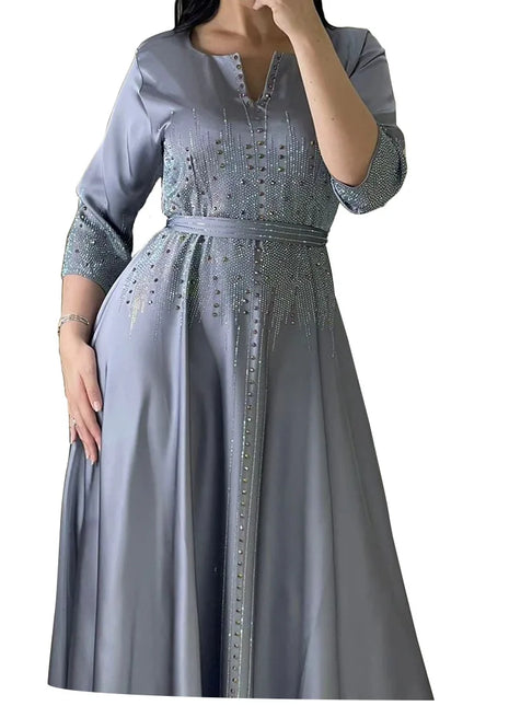 Muslim Satin Dress for Women Fashion Diamond Evening Dress Abaya Dubai Dinner Robe Muslim Dress Women Clothes for Muslim Women
