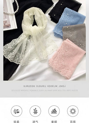 New Lace Beaded Silk Scarf Women's Spring and Autumn Thin Shawl Outer Decorative Scarf Yarn Versatile Tide