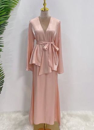 Ramadan Satin Abaya Dubai Turkey Islam Muslim Modest Dress Sets Prayer Clothes For Women Kaftan Robe Femme Musulmane