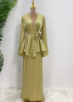 Ramadan Satin Abaya Dubai Turkey Islam Muslim Modest Dress Sets Prayer Clothes For Women Kaftan Robe Femme Musulmane