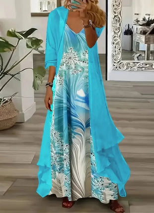 Independent Stand Floral Print Women's Dress Two-Piece Set Short Sleeve Ankle-Length Polyester Fiber Regular Waist Line