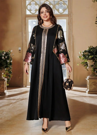 Ramadan Muslim Women's Gold Stamping Petal Sleeve Abaya O-Neck Stripe Dubai Dresses For Women Gala