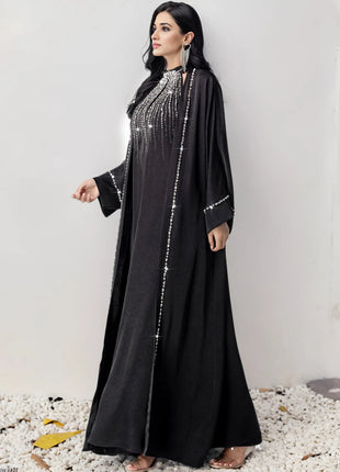 2Pcs Luxury Dubai Abaya Muslim Sets for Women Diamonds Evening Party Dress Kimono Jalabiya Wedding Gown Kebaya Ramadan Caftan