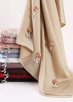 New Bubble Chiffon Hijab Scarf Handmade Flower Beaded Anchor Satin Silk Scarf  Hijabs for Women Turban Femme Ramadan Islamic