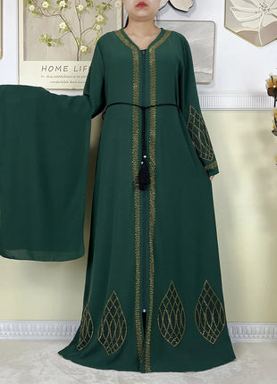 New Dubai Women Elegant Dress Diamonds Chiffon Open Abaya with Zipper Islamic Turkey Clothing Women Muslim Party Evening Dress