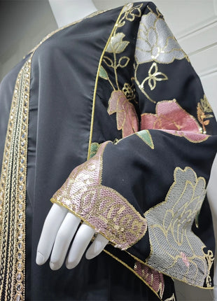 Siskakia Ramadan Muslim Women's Gold Stamping Petal Sleeve Abaya O-Neck Stripe Dubai Dresses For Women Gala