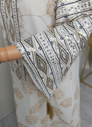 Muslim Women's Light Blue Islamic Embroidered Abaya with Gold Detailing Ideal for Formal Events in Middle East like UAE Saudi