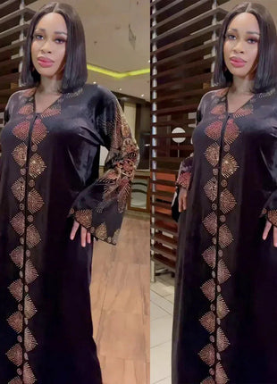 Velvet African Dresses for Women Evening Party Dress Dashiki Africa Clothing Long Robe Dubai Moroccan Flare Sleeve Nigeria Gown