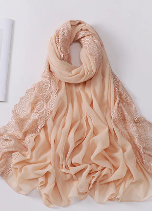 Women Hijabs Muslim Scarf Summer New Pearl Chiffon Lace Solid Color Lady Head Scarf Malaysia Tourism Shawl Turban Wrap Wholesale