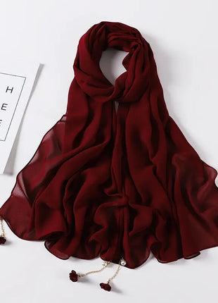 Fashion Flowers Pearl Tassel Chiffon Long Scarf Hijabs Elegant Womens Party Turban Headwear Solid Color Headscarf Shawls Scarves