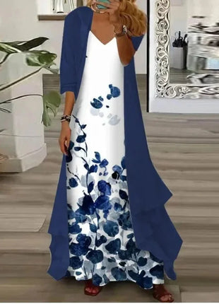 Independent Stand Floral Print Women's Dress Two-Piece Set Short Sleeve Ankle-Length Polyester Fiber Regular Waist Line