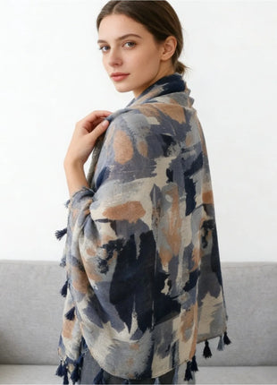 1Pc spring and autumn retro oil painting style ink smudge camouflage printing spring and summer wear scarf literary tassel shawl