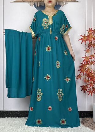New African Abaya Women Elegant Dress Collect Waist Straight Cotton Embroider Dress Loose Caftan Femme Clothing Islamic Dresses