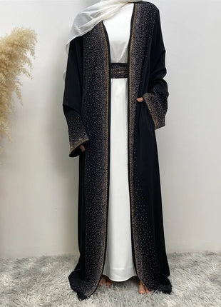 Hot Selling Ramadan Rhinestone Cardigan Islamic Dresses With Pockets Kebaya Muslim Kimono Abaya Dubai Modest Clothing Women EID