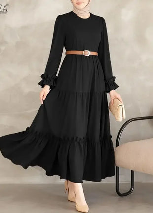 ZANZEA Women 2026 Spring O Neck Long Sleeve Dresses Elegant Muslim Abaya Dress Ramadan Robe Stylish Flounce Maxi Dresses Kaftan