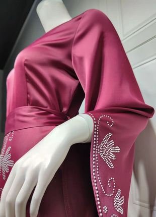 Elegant Satin Evening Gown Muslim Dress Women Abaya Long Sleeve Turkish Dresses Stylish Diamond Women Maxi Dress Dubai Kaftan