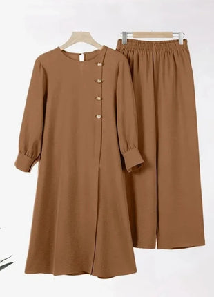 Ramadan Women Eid Muslim Two Pieces Set Split Blouse & Pant Musulman Ensemble Button Shirt Pants Matching Sets Femme Abaya 2024