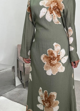 Arabesque Bell Sleeve Flowy Maxi Abaya Dress Elegant Floral Print Muslim Modest Long Dress Islamic Vacation Outfit Summer Robe