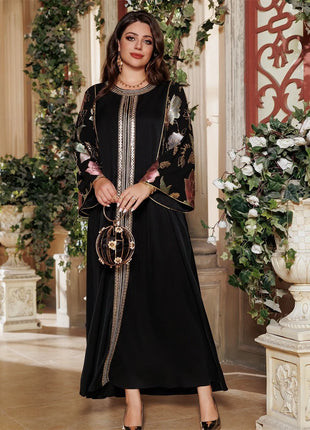 Siskakia Ramadan Muslim Women's Gold Stamping Petal Sleeve Abaya O-Neck Stripe Dubai Dresses For Women Gala