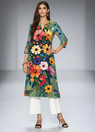 Muslim Dress Kurt Women's Fashionable And Elegant Long Sleeved Straight Tube Casual Flowers Color Pattern Abaya Luxury