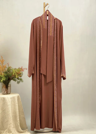 Hot Selling Ramadan Rhinestone Cardigan Islamic Dresses With Pockets Kebaya Muslim Kimono Abaya Dubai Modest Clothing Women EID